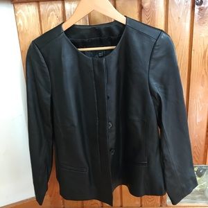 Black leather cardigan/blazer.